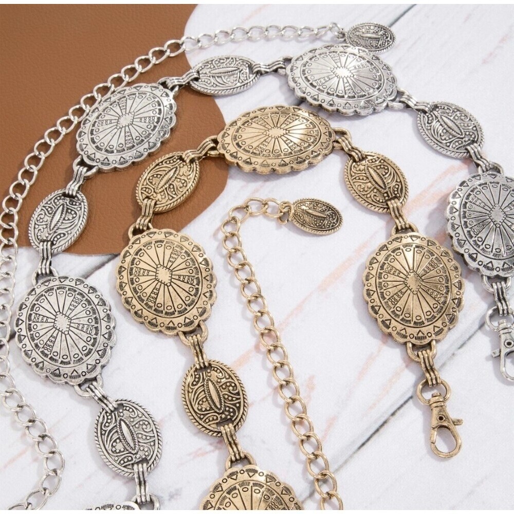 Cowgirl Western Concho Boho Chain Belt Silver Oval Disc Adjustable Hippie Gypsy - Picture 4 of 11